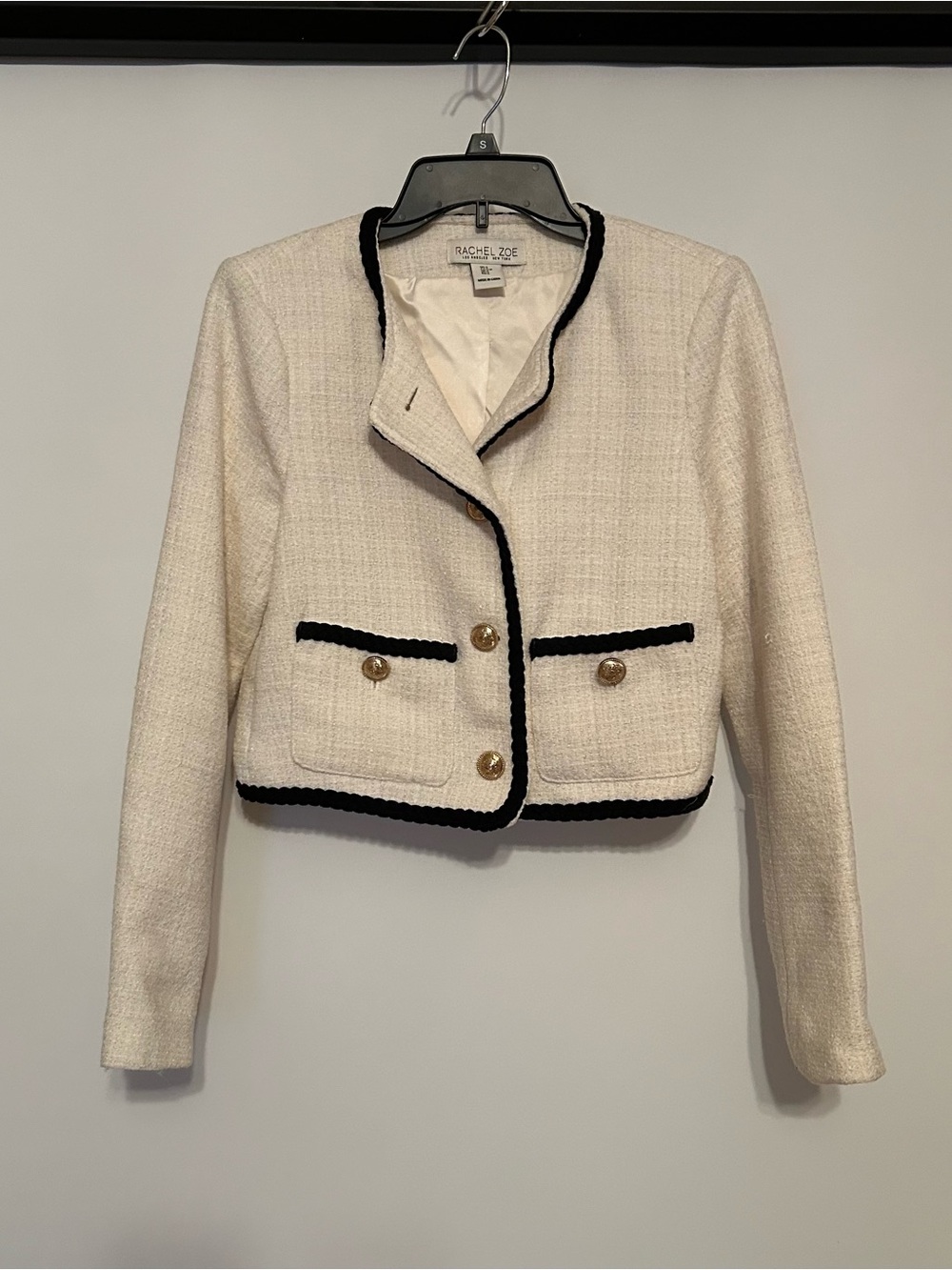Rachel Zoe Ivory Cropped Tweed Jacket with Black Trim